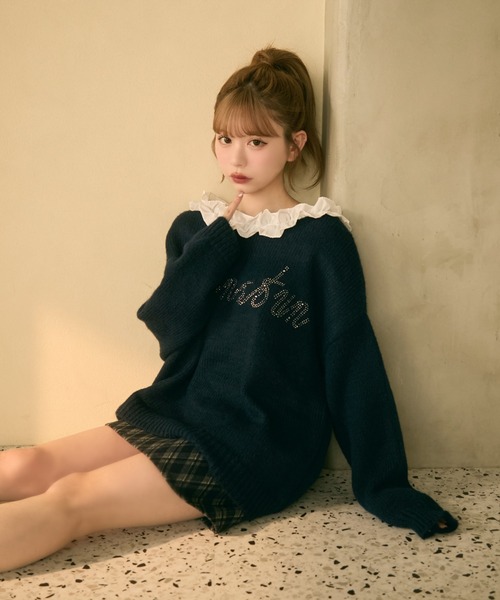 TITTY&CO.（ティティーアンドコー）の「フリル襟付きラメ刺繍ニット（ニット/セーター・レディース・ネイビー/アイボリー/グレー・FREE）」の13枚目の写真