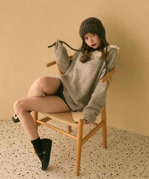 TITTY&CO.（ティティーアンドコー）の「フリル襟付きラメ刺繍ニット（ニット/セーター・レディース・ネイビー/アイボリー/グレー・FREE）」の5枚目の写真