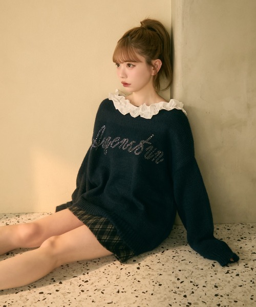 TITTY&CO.（ティティーアンドコー）の「フリル襟付きラメ刺繍ニット（ニット/セーター・レディース・ネイビー/アイボリー/グレー・FREE）」の10枚目の写真