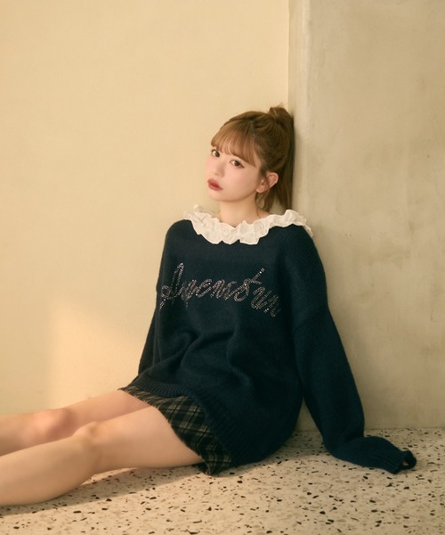 TITTY&CO.（ティティーアンドコー）の「フリル襟付きラメ刺繍ニット（ニット/セーター・レディース・ネイビー/アイボリー/グレー・FREE）」の16枚目の写真