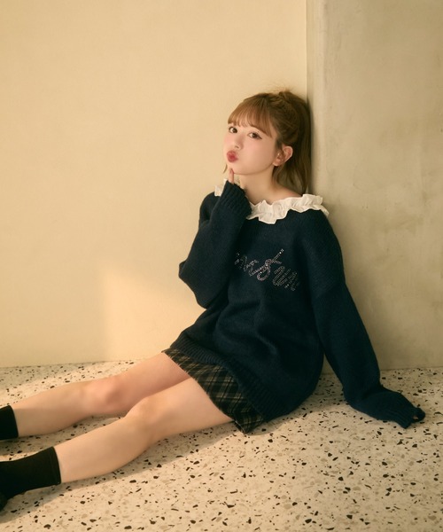 TITTY&CO.（ティティーアンドコー）の「フリル襟付きラメ刺繍ニット（ニット/セーター・レディース・ネイビー/アイボリー/グレー・FREE）」の17枚目の写真