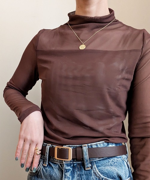 styiro（スタイロ）の「レイヤードトップス シースルーハイネックカットソー（Tシャツ/カットソー・レディース・ホワイト/ブラウン/ブラック・XS/S/M）」の2枚目の写真