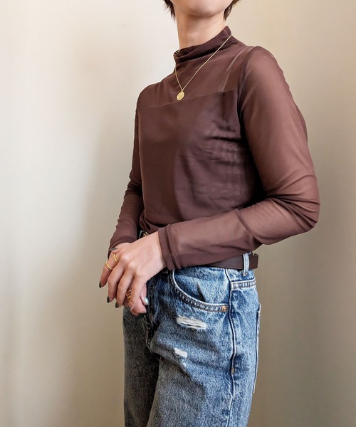 styiro（スタイロ）の「レイヤードトップス シースルーハイネックカットソー（Tシャツ/カットソー・レディース・ホワイト/ブラウン/ブラック・XS/S/M）」の9枚目の写真