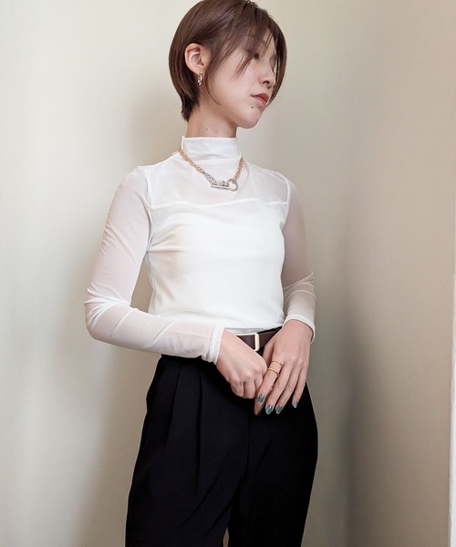 styiro（スタイロ）の「レイヤードトップス シースルーハイネックカットソー（Tシャツ/カットソー・レディース・ホワイト/ブラウン/ブラック・XS/S/M）」の20枚目の写真