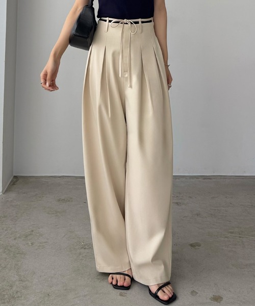 callautia(カラウティア)の「リボンデザインワイドパンツ(スラックス・レディース・チャコール/ブラック/アイボリー・SMALL/MEDIUM/LARGE)」の1枚目の写真