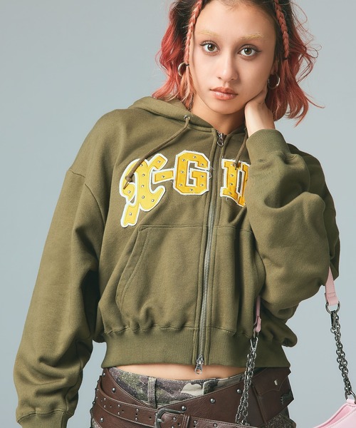 X-girl(エックスガール)の「STUDDED LOGO ZIP UP SWEAT HOODIE(パーカー・レディース・ブラック/ライトピンク/オリーブ・S/M)」の1枚目の写真