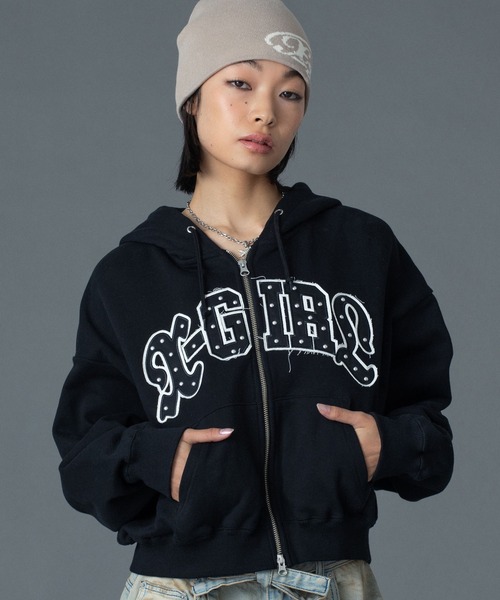 X-girl(エックスガール)の「STUDDED LOGO ZIP UP SWEAT HOODIE(パーカー・レディース・ブラック/ライトピンク/オリーブ・S/M)」の2枚目の写真
