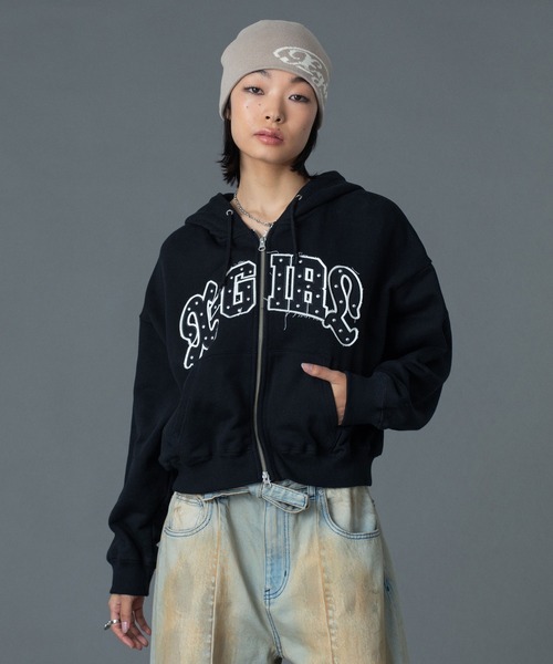 STUDDED LOGO ZIP UP SWEAT HOODIE（パーカー）｜X-girl（エックス