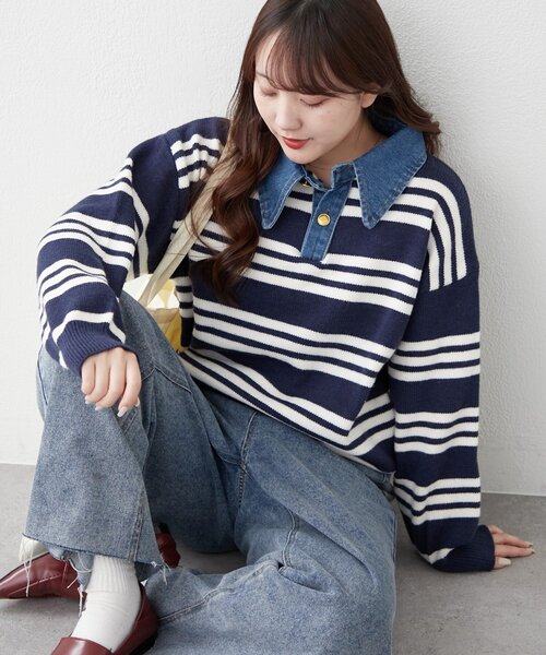 continuer de NICE CLAUP（コンティニューデナイスクラップ）の「デニム衿BIGニット（ニット/セーター・レディース・その他12/オフホワイト/ネイビー/トップグレー/その他1・FREE）」の4枚目の写真