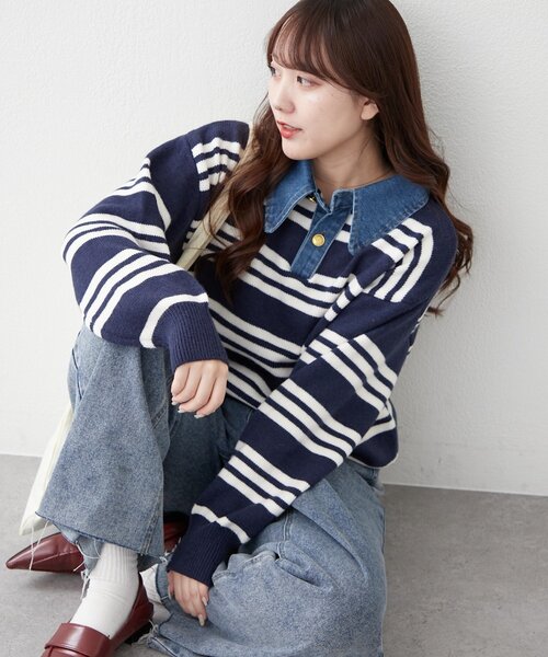 continuer de NICE CLAUP（コンティニューデナイスクラップ）の「デニム衿BIGニット（ニット/セーター・レディース・その他12/オフホワイト/ネイビー/トップグレー/その他1・FREE）」の7枚目の写真