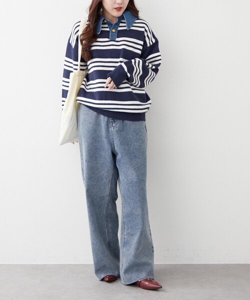 continuer de NICE CLAUP（コンティニューデナイスクラップ）の「デニム衿BIGニット（ニット/セーター・レディース・その他12/オフホワイト/ネイビー/トップグレー/その他1・FREE）」の9枚目の写真