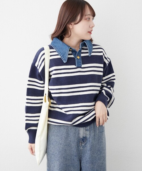 continuer de NICE CLAUP（コンティニューデナイスクラップ）の「デニム衿BIGニット（ニット/セーター・レディース・その他12/オフホワイト/ネイビー/トップグレー/その他1・FREE）」の11枚目の写真