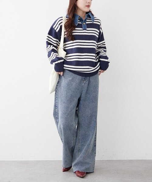 continuer de NICE CLAUP（コンティニューデナイスクラップ）の「デニム衿BIGニット（ニット/セーター・レディース・その他12/オフホワイト/ネイビー/トップグレー/その他1・FREE）」の12枚目の写真
