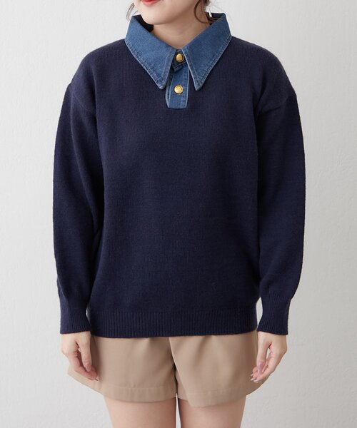 continuer de NICE CLAUP（コンティニューデナイスクラップ）の「デニム衿BIGニット（ニット/セーター・レディース・その他12/オフホワイト/ネイビー/トップグレー/その他1・FREE）」の15枚目の写真