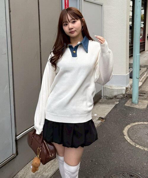 continuer de NICE CLAUP（コンティニューデナイスクラップ）の「デニム衿BIGニット（ニット/セーター・レディース・その他12/オフホワイト/ネイビー/トップグレー/その他1・FREE）」の20枚目の写真