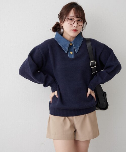 continuer de NICE CLAUP(コンティニューデナイスクラップ)の「デニム衿BIGニット(ニット/セーター・レディース・その他12/オフホワイト/ネイビー/トップグレー/その他1・FREE)」の7枚目の写真