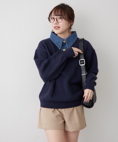 continuer de NICE CLAUP(コンティニューデナイスクラップ)の「デニム衿BIGニット(ニット/セーター・レディース・その他12/オフホワイト/ネイビー/トップグレー/その他1・FREE)」の8枚目の写真