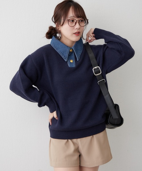 continuer de NICE CLAUP（コンティニューデナイスクラップ）の「デニム衿BIGニット（ニット/セーター・レディース・その他12/オフホワイト/ネイビー/トップグレー/その他1・FREE）」の3枚目の写真