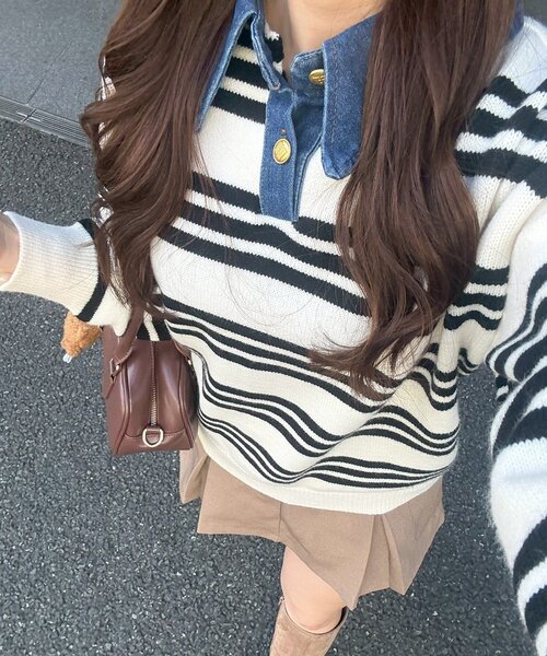 continuer de NICE CLAUP（コンティニューデナイスクラップ）の「デニム衿BIGニット（ニット/セーター・レディース・その他12/オフホワイト/ネイビー/トップグレー/その他1・FREE）」の5枚目の写真