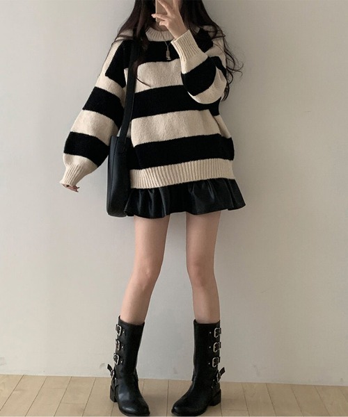 AMAJI(アマジ)の「ボーダーニットプルオーバー(ニット/セーター・レディース・グレー/ベージュ・LARGE/MEDIUM/SMALL)」の6枚目の写真