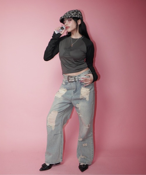 IMARI(イマリ)の「【 IMARI / イマリ 】 ワンポイント スター ラグラン ロンT(Tシャツ/カットソー・レディース・ブラック/ホワイト・FREE)」の3枚目の写真