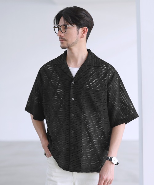 SPU(スプ)の「ダイヤジャガードカラミオープンカラー半袖シャツ(シャツ/ブラウス・メンズ・グリーン/ブラウン/ホワイト・XL/L/M/S)」の2枚目の写真
