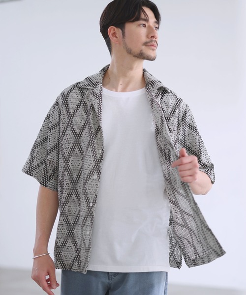 SPU(スプ)の「ダイヤジャガードカラミオープンカラー半袖シャツ(シャツ/ブラウス・メンズ・グリーン/ブラウン/ホワイト・XL/L/M/S)」の4枚目の写真