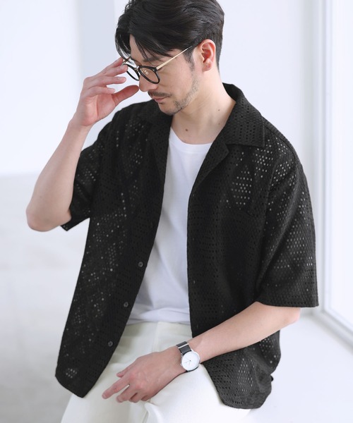 SPU(スプ)の「ダイヤジャガードカラミオープンカラー半袖シャツ(シャツ/ブラウス・メンズ・グリーン/ブラウン/ホワイト・XL/L/M/S)」の7枚目の写真