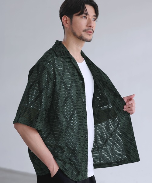 SPU(スプ)の「ダイヤジャガードカラミオープンカラー半袖シャツ(シャツ/ブラウス・メンズ・グリーン/ブラウン/ホワイト・XL/L/M/S)」の10枚目の写真
