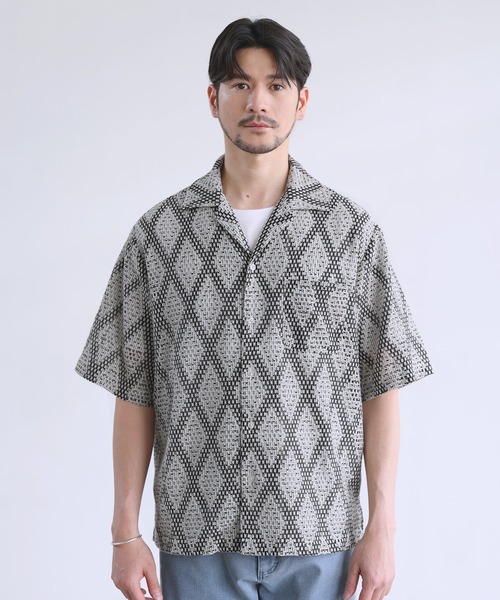SPU(スプ)の「ダイヤジャガードカラミオープンカラー半袖シャツ(シャツ/ブラウス・メンズ・グリーン/ブラウン/ホワイト・XL/L/M/S)」の14枚目の写真
