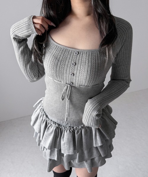 me+em select(ミームセレクト)の「スリムフィット透かし柄リブニット / slim fit watermark pattern rib knit tops(ニット/セーター・レディース・グレー/ブラック/アイボリー・FREE)」の3枚目の写真