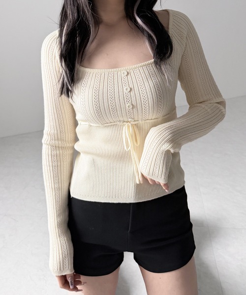 me+em select(ミームセレクト)の「スリムフィット透かし柄リブニット / slim fit watermark pattern rib knit tops(ニット/セーター・レディース・グレー/ブラック/アイボリー・FREE)」の6枚目の写真