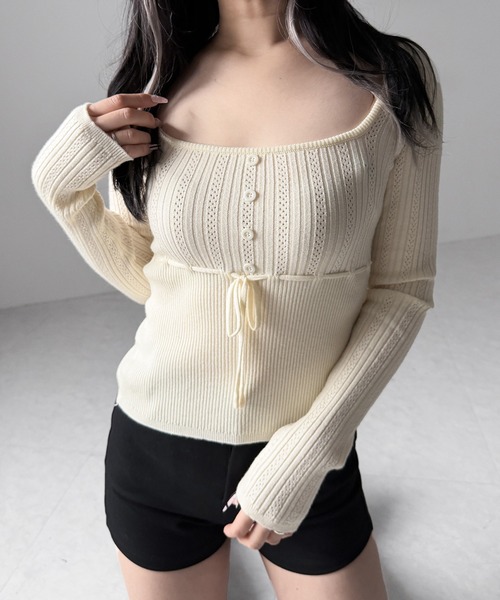 me+em select(ミームセレクト)の「スリムフィット透かし柄リブニット / slim fit watermark pattern rib knit tops(ニット/セーター・レディース・グレー/ブラック/アイボリー・FREE)」の5枚目の写真