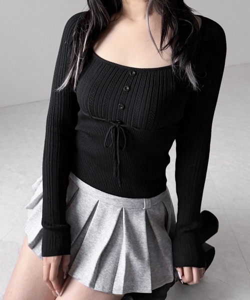 me+em select(ミームセレクト)の「スリムフィット透かし柄リブニット / slim fit watermark pattern rib knit tops(ニット/セーター・レディース・グレー/ブラック/アイボリー・FREE)」の10枚目の写真