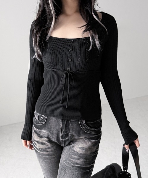 me+em select(ミームセレクト)の「スリムフィット透かし柄リブニット / slim fit watermark pattern rib knit tops(ニット/セーター・レディース・グレー/ブラック/アイボリー・FREE)」の13枚目の写真