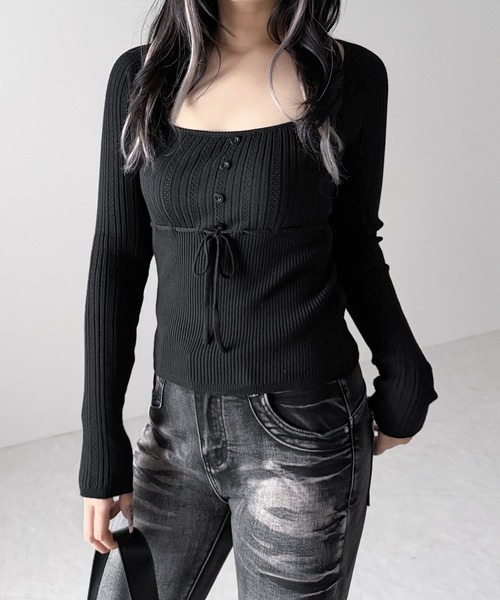 me+em select(ミームセレクト)の「スリムフィット透かし柄リブニット / slim fit watermark pattern rib knit tops(ニット/セーター・レディース・グレー/ブラック/アイボリー・FREE)」の15枚目の写真