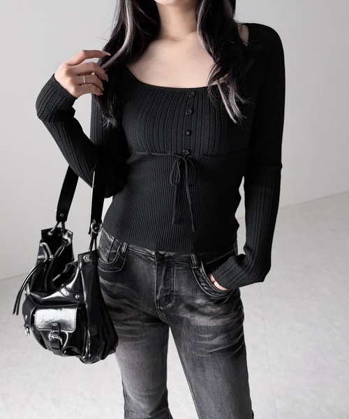 me+em select(ミームセレクト)の「スリムフィット透かし柄リブニット / slim fit watermark pattern rib knit tops(ニット/セーター・レディース・グレー/ブラック/アイボリー・FREE)」の16枚目の写真