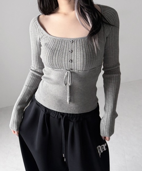 me+em select(ミームセレクト)の「スリムフィット透かし柄リブニット / slim fit watermark pattern rib knit tops(ニット/セーター・レディース・グレー/ブラック/アイボリー・FREE)」の19枚目の写真