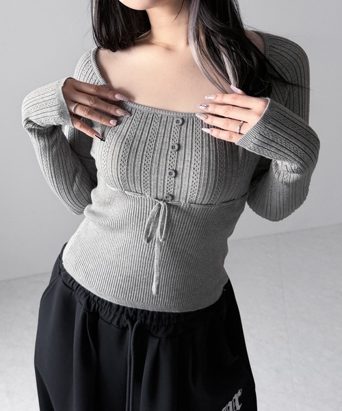 me+em select(ミームセレクト)の「スリムフィット透かし柄リブニット / slim fit watermark pattern rib knit tops(ニット/セーター・レディース・グレー/ブラック/アイボリー・FREE)」の17枚目の写真