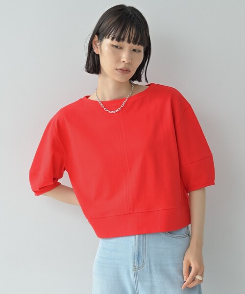 GALLEST（ギャレスト）の「【追加予約】ハーフスリーブフォルムカットソー【マシンウォッシュ／接触冷感】（Tシャツ/カットソー・レディース・オリーブ/レッド系1/ブラック/ホワイト・38）」の4枚目の写真