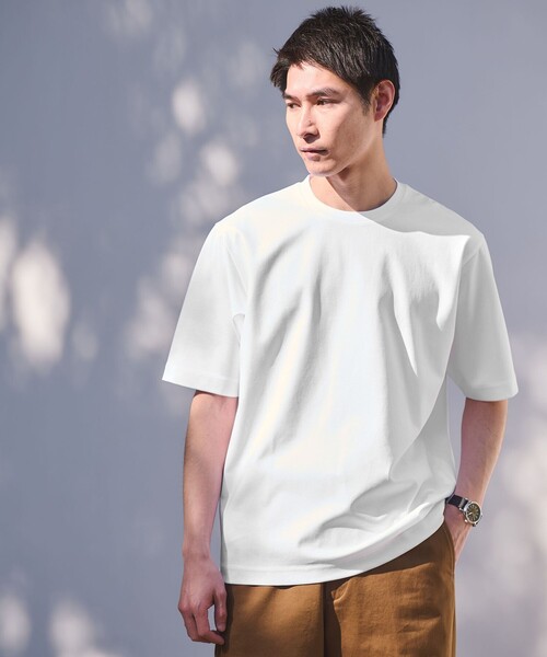 green label relaxing(グリーンレーベルリラクシング)の「オーガニックコットン ポンチ クルーネック Tシャツ -接触冷感-(Tシャツ/カットソー・メンズ・ダークグレー/ホワイト/ライトグレー/ライトブルー・XXL/L/S/M/XL)」の2枚目の写真