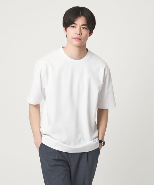 green label relaxing(グリーンレーベルリラクシング)の「オーガニックコットン ポンチ クルーネック Tシャツ -接触冷感-(Tシャツ/カットソー・メンズ・ダークグレー/ホワイト/ライトグレー/ライトブルー・XXL/L/S/M/XL)」の7枚目の写真