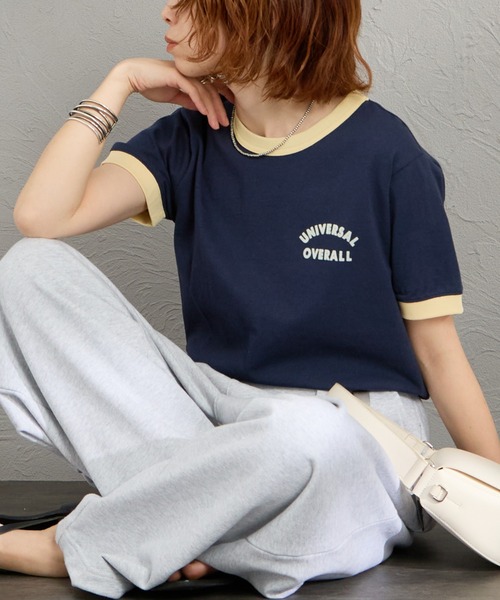 UNIVERSAL OVERALL（ユニバーサルオーバーオール）の「[UNIVERSAL OVERALL/ユニバーサルオーバーオール] 別注 ロゴプリント リンガーTシャツ（Tシャツ/カットソー・レディース・アイボリー/ブルー/ネイビー/ブラック・F）」の3枚目の写真