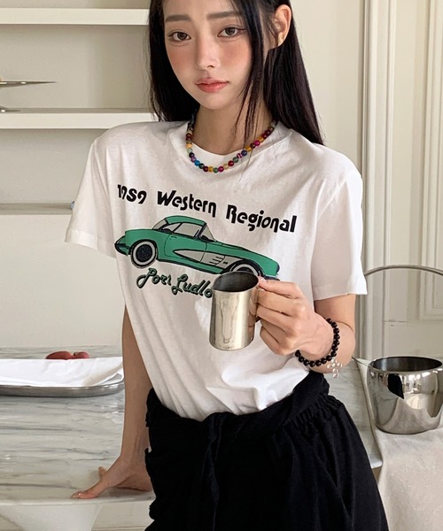 UNE MANSION（ユヌマンション）の「【UNE ORIGINAL】ユニークプリントヴィンテージ半袖Tシャツ（Tシャツ/カットソー・レディース・チャコールグレー/ピンク/ライトベージュ/アイボリー・FREE）」の7枚目の写真