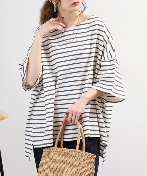 Arinomama(アリノママ)の「Arinomama ボーダー ワイド Tシャツ 半袖 230g 21s空紡糸度詰(Tシャツ/カットソー・レディース・ブルー系その他/ホワイト系その他/ライトグリーン系/ブラック系その他・FREE)」の1枚目の写真
