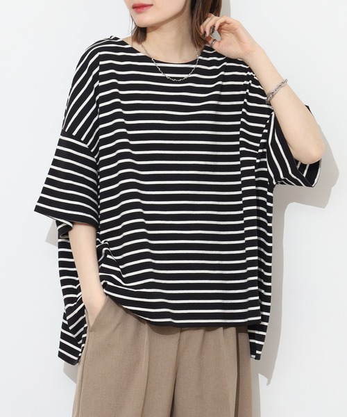 Arinomama(アリノママ)の「Arinomama ボーダー ワイド Tシャツ 半袖 230g 21s空紡糸度詰(Tシャツ/カットソー・レディース・ブルー系その他/ホワイト系その他/ライトグリーン系/ブラック系その他・FREE)」の2枚目の写真