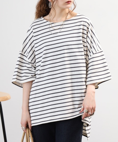 Arinomama(アリノママ)の「Arinomama ボーダー ワイド Tシャツ 半袖 230g 21s空紡糸度詰(Tシャツ/カットソー・レディース・ブルー系その他/ホワイト系その他/ライトグリーン系/ブラック系その他・FREE)」の5枚目の写真