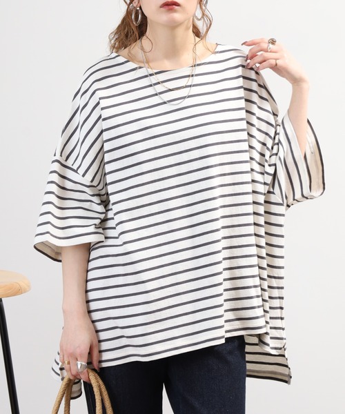 Arinomama(アリノママ)の「Arinomama ボーダー ワイド Tシャツ 半袖 230g 21s空紡糸度詰(Tシャツ/カットソー・レディース・ブルー系その他/ホワイト系その他/ライトグリーン系/ブラック系その他・FREE)」の6枚目の写真