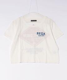 ショート丈裾フリンジオーバサイズシルエットロゴプリントTシャツ