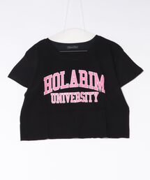 ショート丈裾フリンジオーバサイズシルエットロゴプリントTシャツ